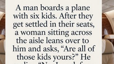 Photo of A man boards a plane with six children.