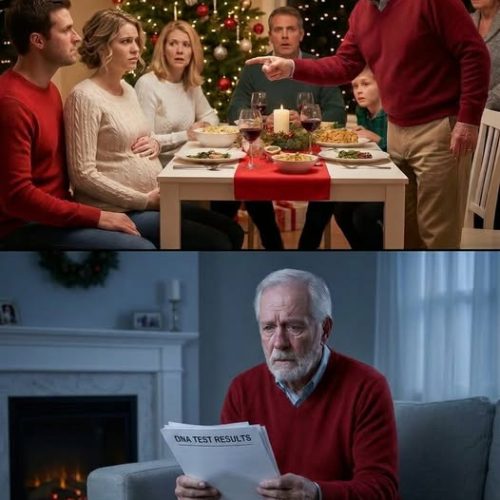 On Christmas night, I held my husband’s hand and whispered, “I’m going to be a mother.” The whole table went silent. My father-in-law jumped up and pointed at me: “You and that child do not belong in this family!” I didn’t cry. I simply placed a gift in front of him and said, “Then open this after I’m gone…”