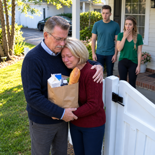 After a Long, Exhausting Day at Work, I Came Home to Find My Wife of 38 Years Standing Outside the Locked Gate of Our Own House, Clutching a Small Paper Bag of Groceries. Tears Filled Her Eyes as She Looked at Me and Whispered
